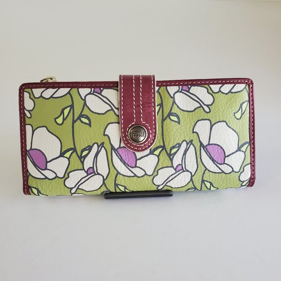 ❌️Vintage Fossil Whtie Floral Leather Snap Wallet Green Maroon Purple Y2K NWOT - Picture 1 of 10